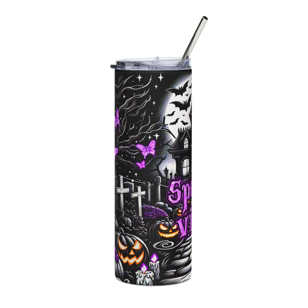Spooky Vibes 20oz Stainless Steel Tumbler — Haunted Houses, Bats & Pumpkins Mug Printify
