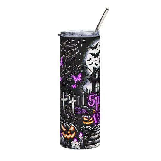 Spooky Vibes 20oz Stainless Steel Tumbler — Haunted Houses, Bats & Pumpkins Mug Printify