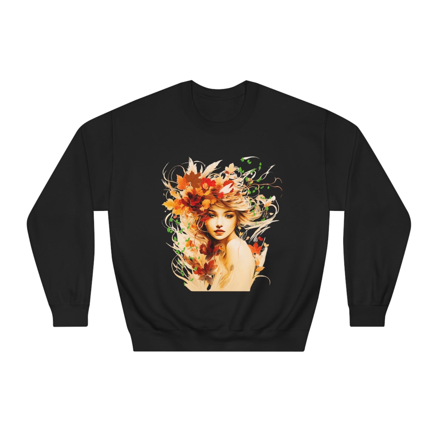 Whimsical Dreams in Autumn Hues: Romantic Dreamy Female Surrounded by Autumn Leaves Sweatshirt - Fairycore, Forestcore, Cottagecore-inspired Fashion Sweatshirt Black S 