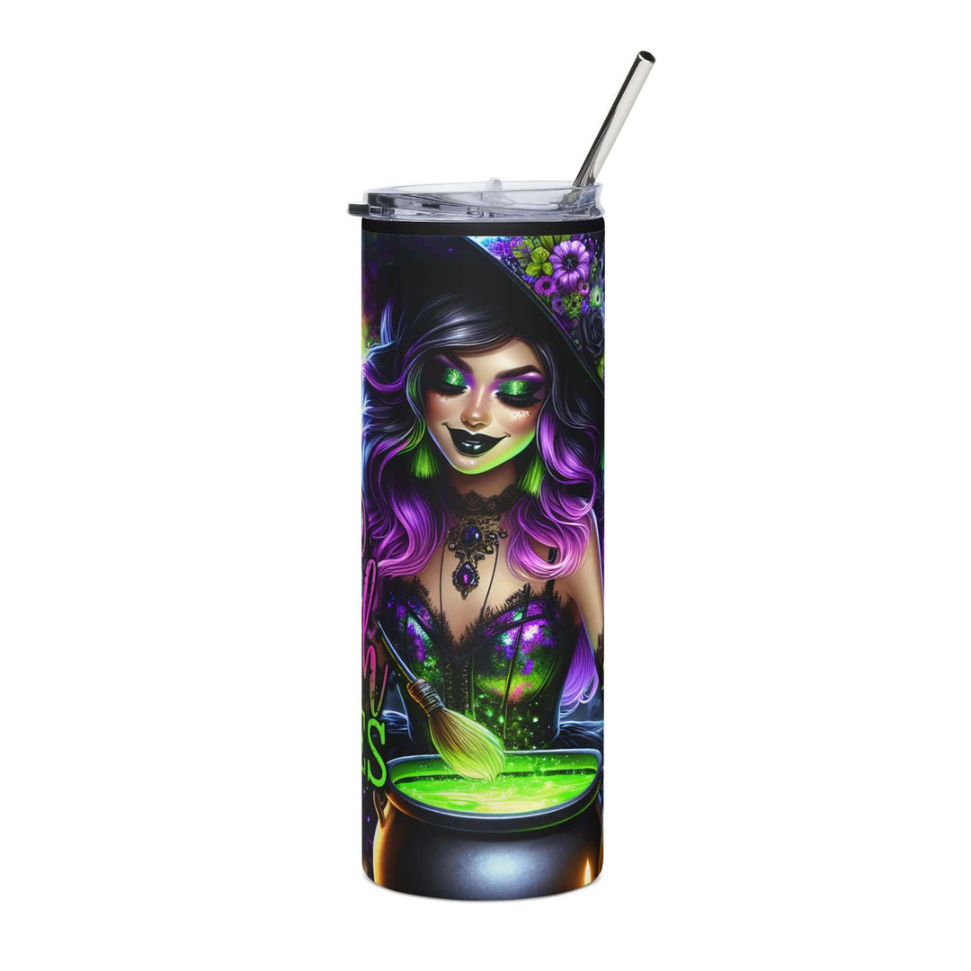 Bad Witch Vibes 20oz Stainless Steel Tumbler — Halloween Witch, Bats & Pumpkins Mug Printify