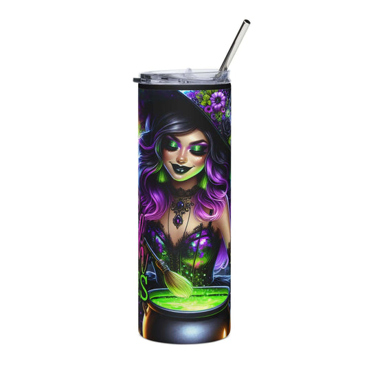 Bad Witch Vibes 20oz Stainless Steel Tumbler — Halloween Witch, Bats & Pumpkins Mug Printify