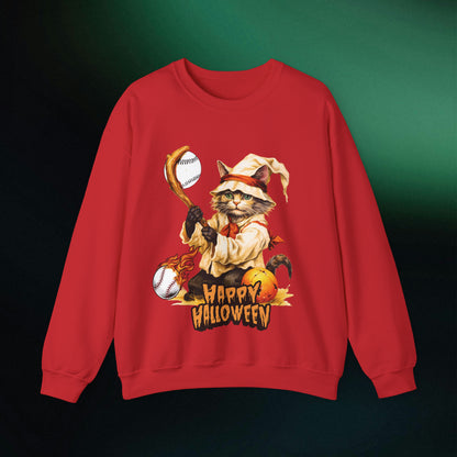 Halloween Cat Baseball Sweatshirt | Playful Feline and Pumpkins - Spooky Sports | Halloween Fun Sweatshirt Sweatshirt S Red 
