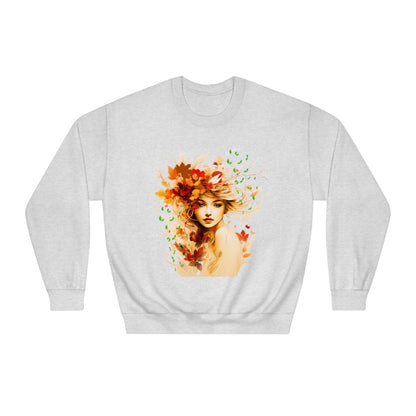 Whimsical Dreams in Autumn Hues: Romantic Dreamy Female Surrounded by Autumn Leaves Sweatshirt - Fairycore, Forestcore, Cottagecore-inspired Fashion Sweatshirt Ash S 