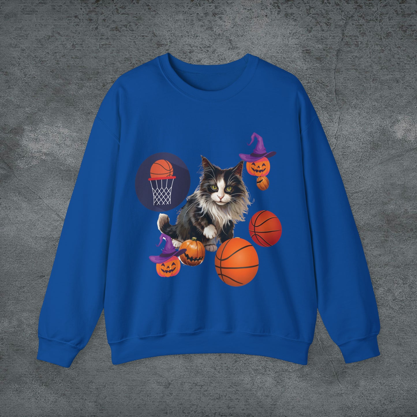 Halloween Cat Basketball Sweatshirt | Playful Feline and Pumpkins - Spooky Sports | Halloween Fun Sweatshirt Sweatshirt S Royal 