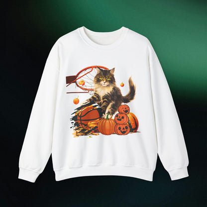 Halloween Cat Basketball Sweatshirt | Playful Feline and Pumpkins - Spooky Sports | Halloween Fun Sweatshirt Sweatshirt S White 