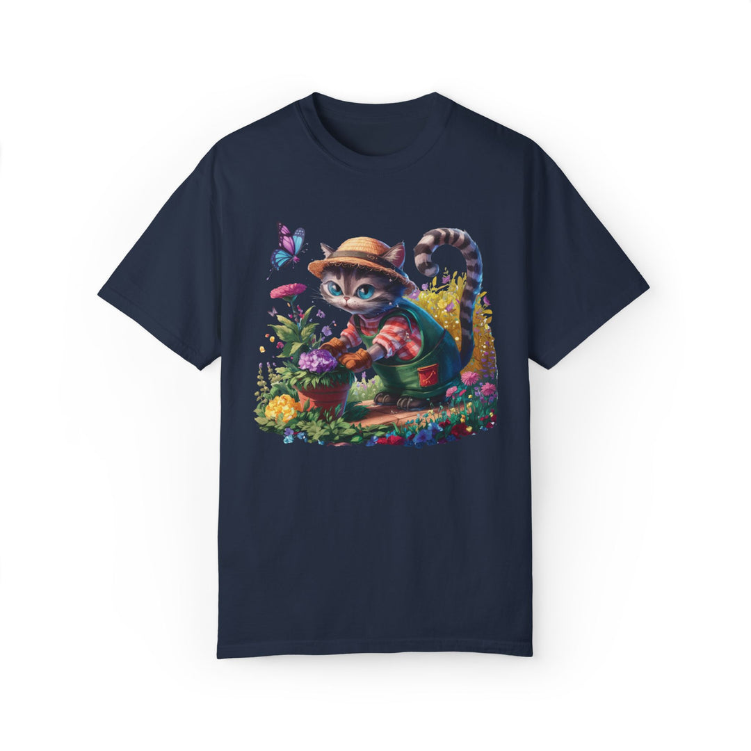 Cat Gardener T-Shirt - Cartoon Cat Lover Nature Inspired Tee T-Shirt Printify Navy S