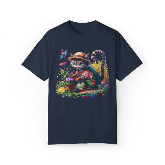 Cat Gardener T-Shirt - Cartoon Cat Lover Nature Inspired Tee T-Shirt Printify Navy S