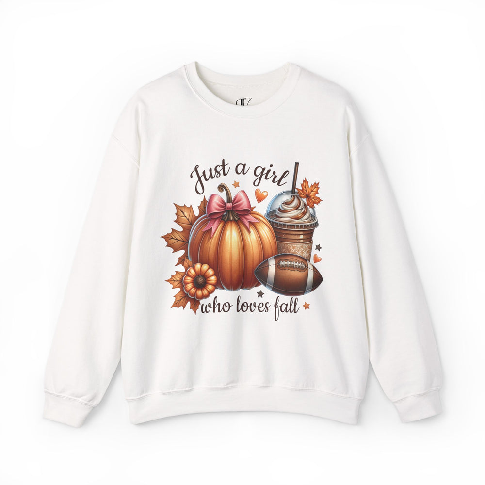 Just a Girl Who Loves Fall Sweatshirt Sweatshirt Printify S White