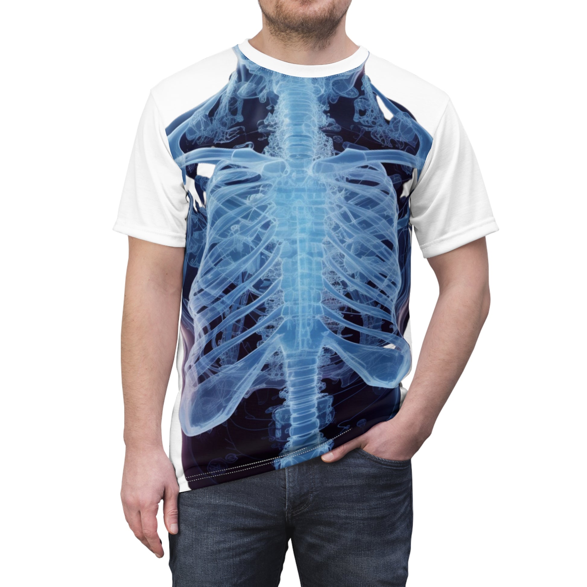 Wear Art with Our Torsion Human Body X-Ray All Over Print T-Shirt - Unique and Strikingly Detailed Design for Medical and Art Enthusiasts! All Over Prints   