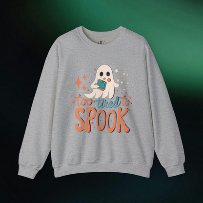 Ghost Reading Books Sweater | Bookish Halloween Sweatshirt - Halloween Teacher Gift, Librarian Halloween Hoodie, Ghost Crewneck - 'Too Tired to Spook' Sweatshirt S Sport Grey 