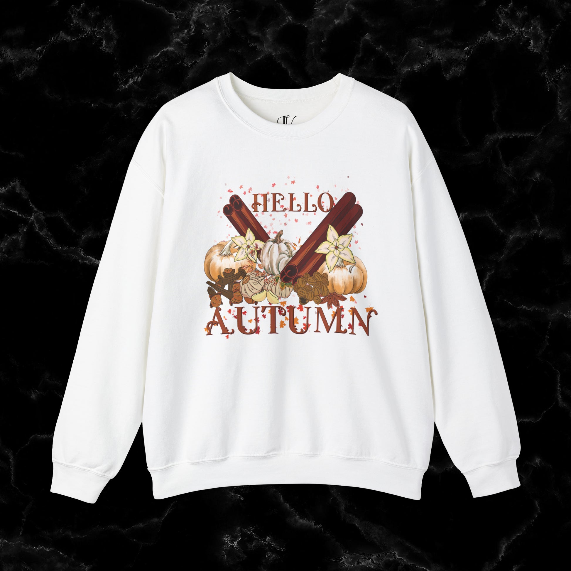 Hello Autumn Jumper | Pumpkin Spices Leaves Sweatshirt - Fall Fashion Sweatshirt S White 