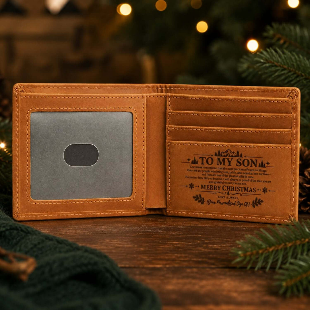 Personalized Christmas gift for son wallet with engraved message, perfect for holiday gifting.