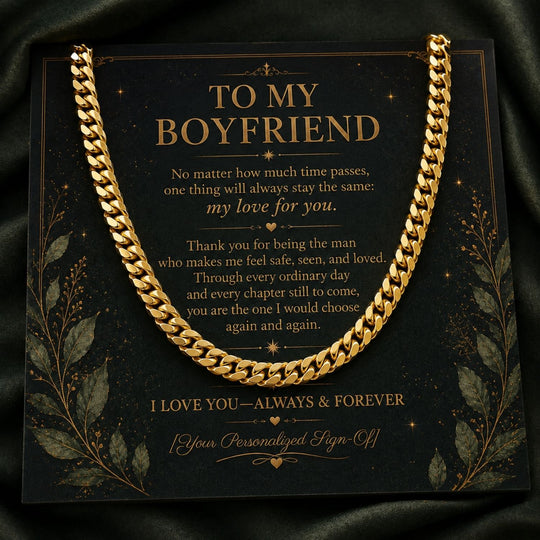 Cuban link chain for boyfriend displayed on a heartfelt message card about love and commitment.