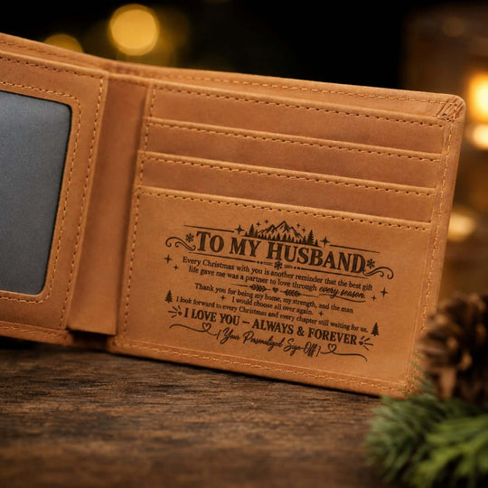 Christmas gift for husband wallet featuring personalized message and leather design.