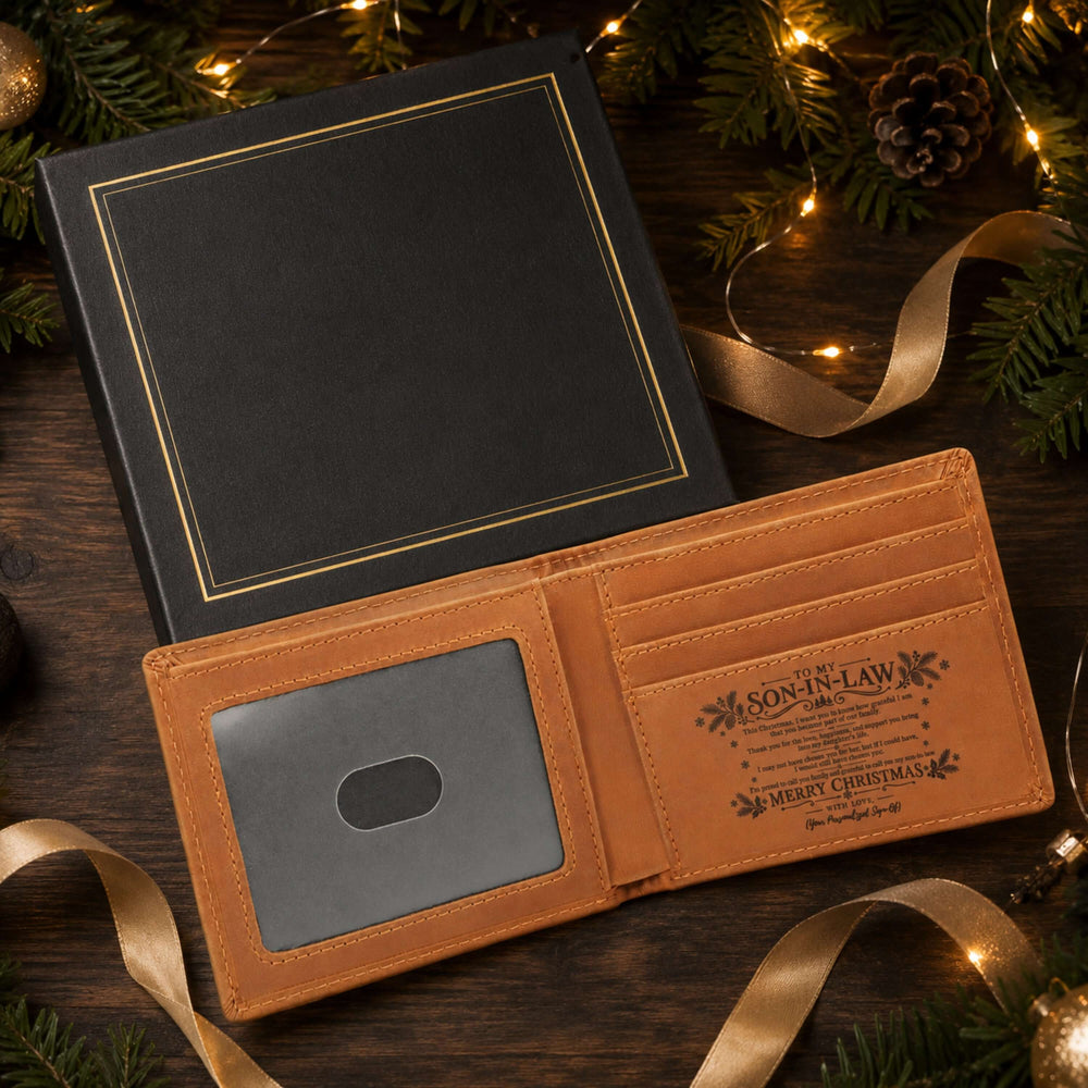 Christmas gift for son-in-law - personalized engraved leather wallet with hidden message and premium packaging.