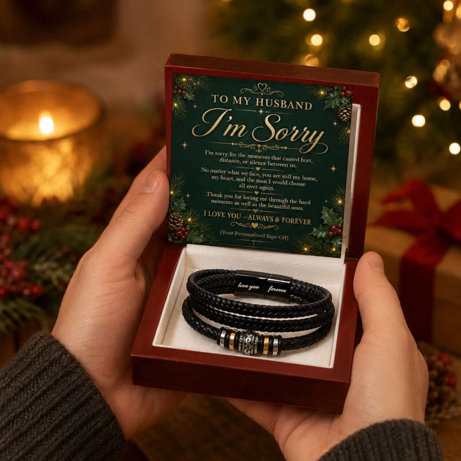 Close-up of To My Husband I'm Sorry gift box featuring a Love You Forever bracelet, perfect sorry gift for husband.