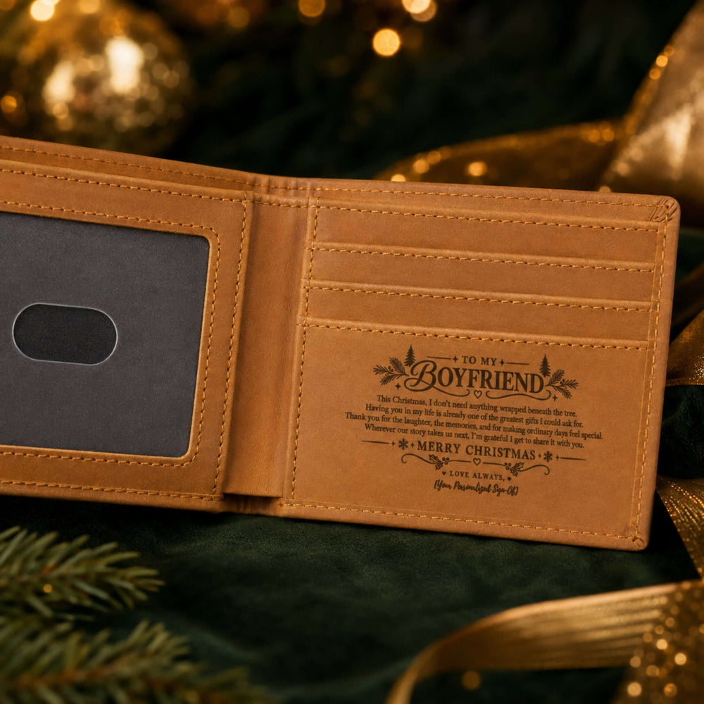 Christmas gift for boyfriend wallet featuring a personalized engraved message inside.