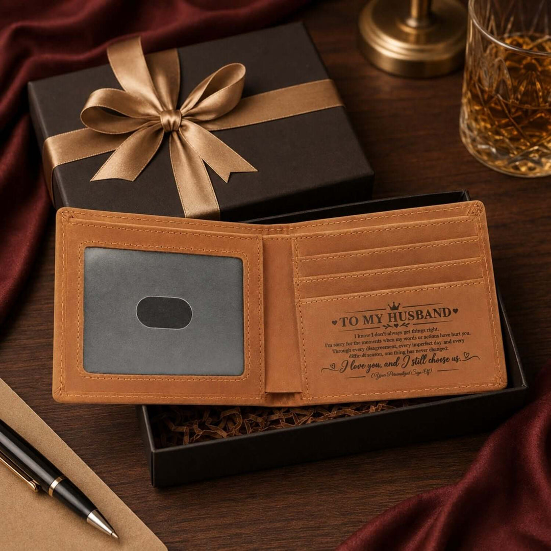 Personalized engraved wallet inside a gift box; an apology gift for husband with a private message.