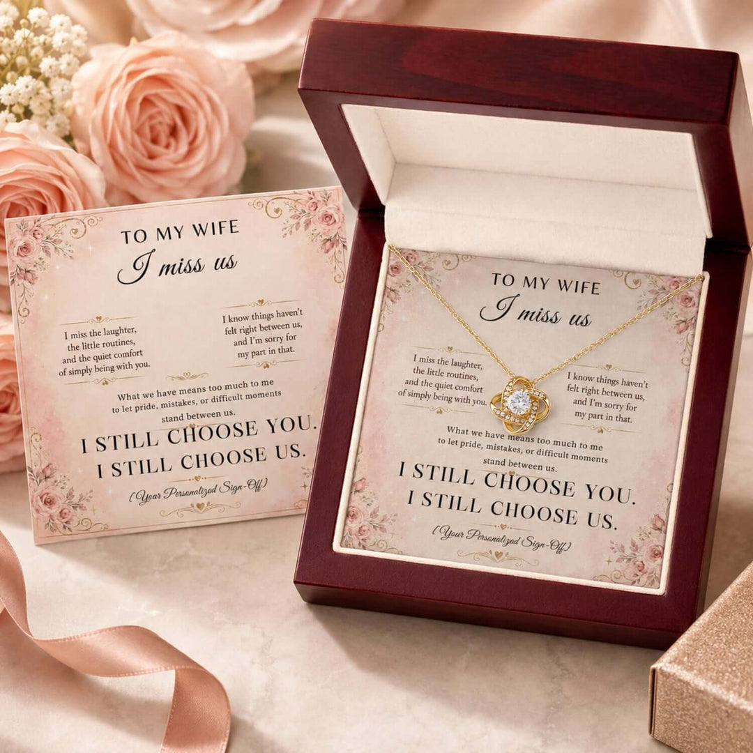 To My Wife – I Miss Us Love Knot Necklace with heartfelt message card in a gift box, perfect wife apology necklace.