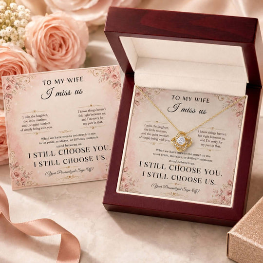 To My Wife – I Miss Us Love Knot Necklace with heartfelt message card in a gift box, perfect wife apology necklace.