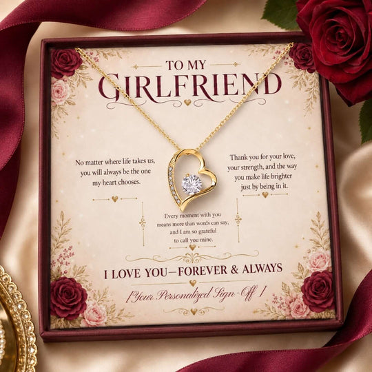 To My Girlfriend necklace gift featuring a heart-shaped pendant and romantic message card.