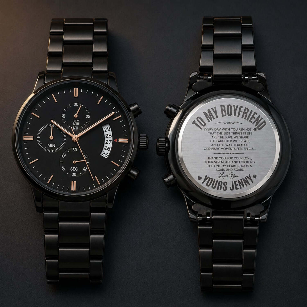 Engraved watch for boyfriend with a bold black design and personalized message on the back.