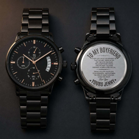 Engraved watch for boyfriend with a bold black design and personalized message on the back.