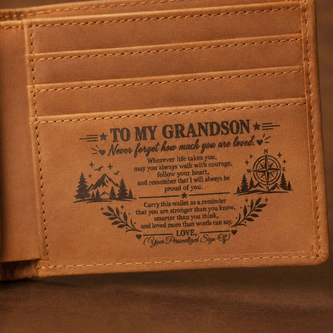 Engraved wallet for grandson with heartfelt message about love and encouragement.