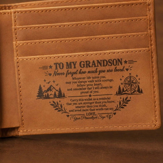 Engraved wallet for grandson with heartfelt message about love and encouragement.