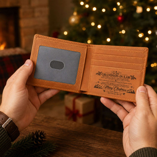 Engraved leather wallet for grandson-in-law Christmas wallet, showcasing personalized message and festive setting.