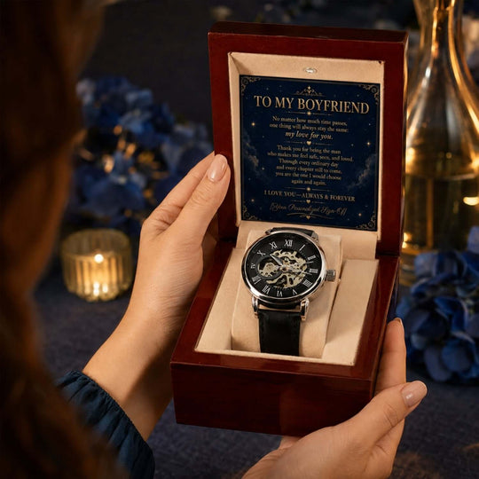 To My Boyfriend automatic skeleton watch gift in a wooden box with heartfelt message, perfect boyfriend watch gift.