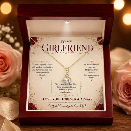 Alluring Beauty Necklace for girlfriend presented in a romantic gift box with heartfelt message card.