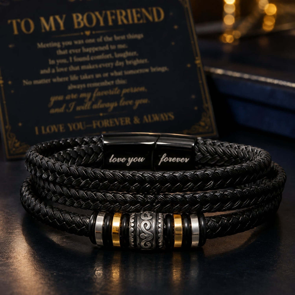 To My Boyfriend Love You Forever Bracelet, boyfriend bracelet gift with braided vegan leather and stainless steel details.