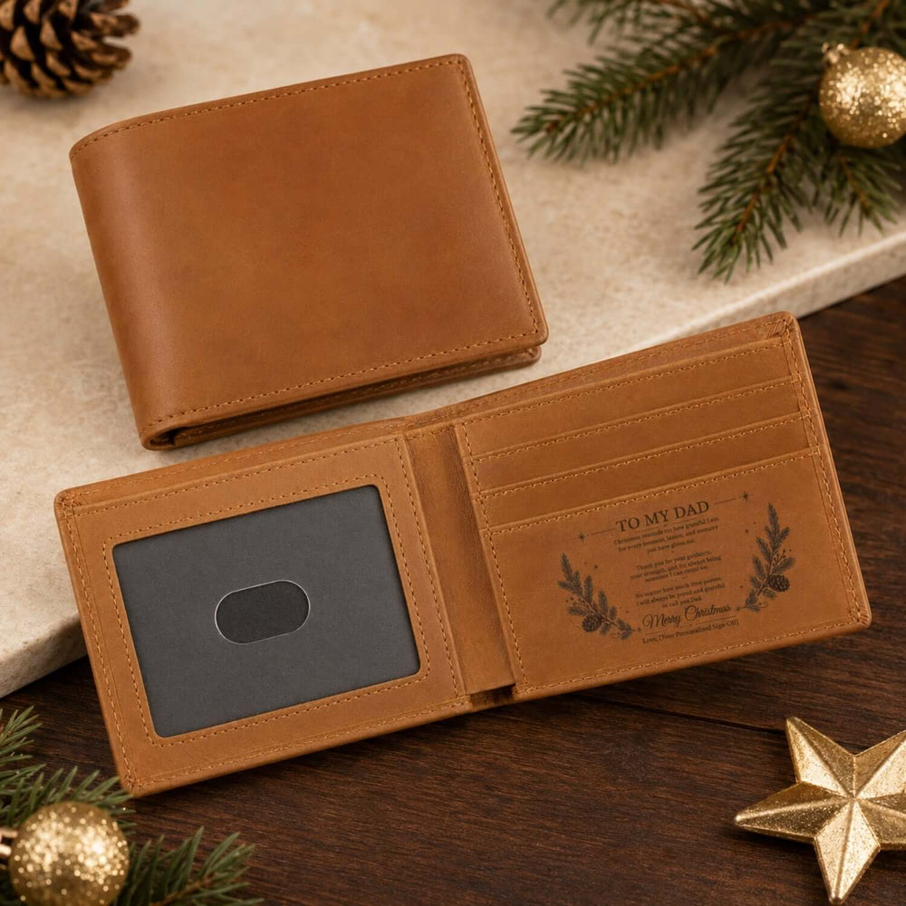 Personalized Christmas Gift for Dad – Engraved wallet showcasing interior message, ideal for everyday use.