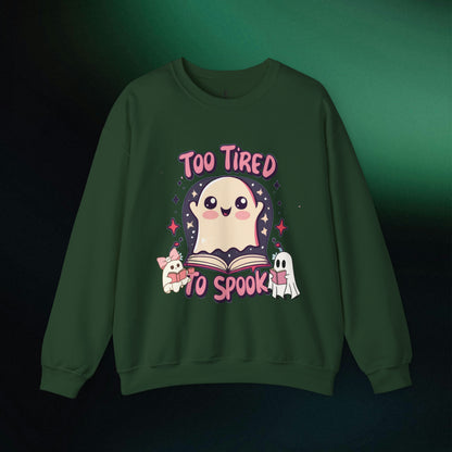 Ghost Reading Books Sweater | Bookish Halloween Sweatshirt - Halloween Teacher Gift, Librarian Halloween Hoodie, Ghost Crewneck - 'Too Tired to Spook' Sweatshirt S Forest Green 