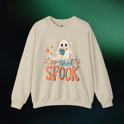Ghost Reading Books Sweater | Bookish Halloween Sweatshirt - Halloween Teacher Gift, Librarian Halloween Hoodie, Ghost Crewneck - 'Too Tired to Spook' Sweatshirt S Sand 