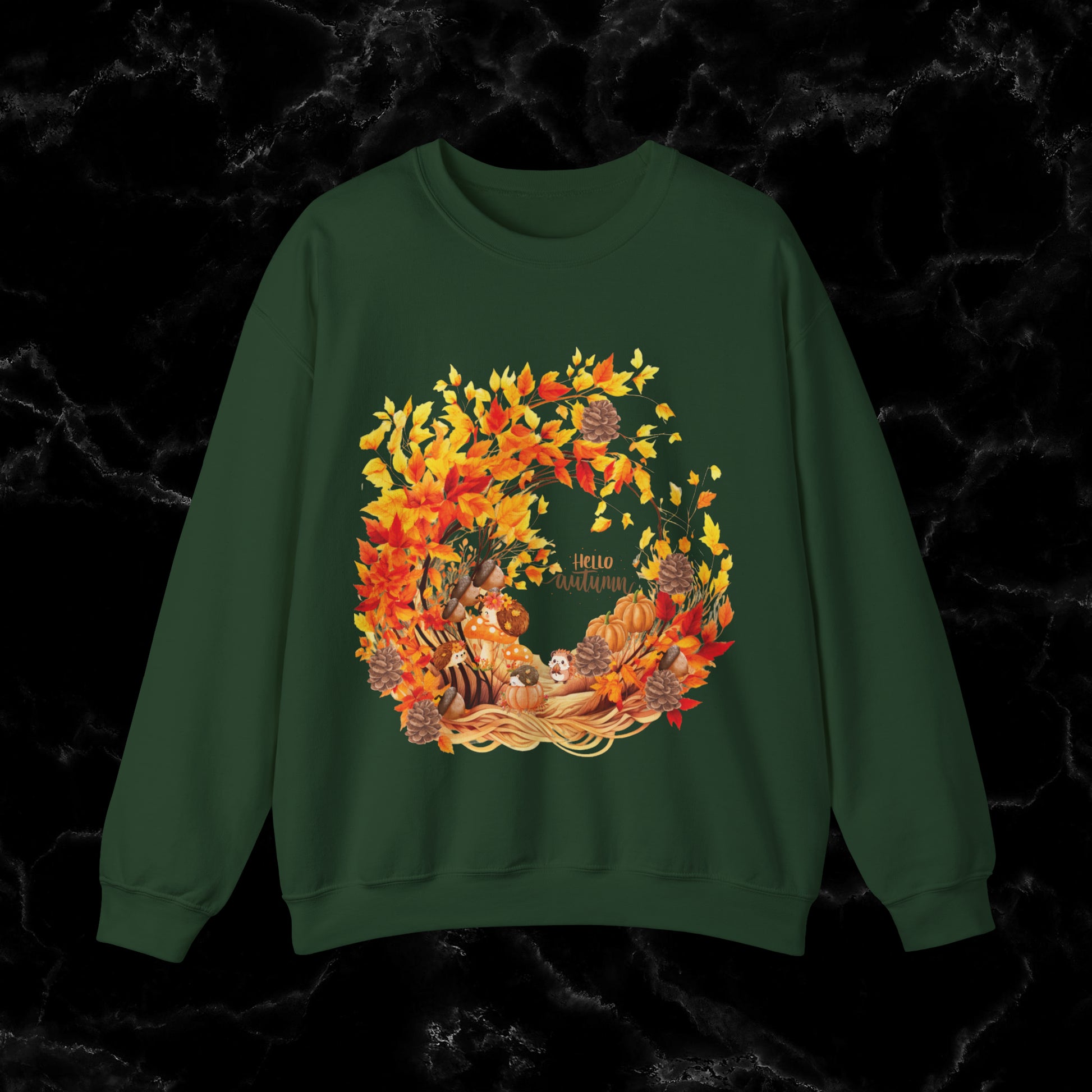 Hello Autumn Sweatshirt | Fall Design - Fall Seasonal Sweatshirt - Autumn Design Sweatshirt S Forest Green 