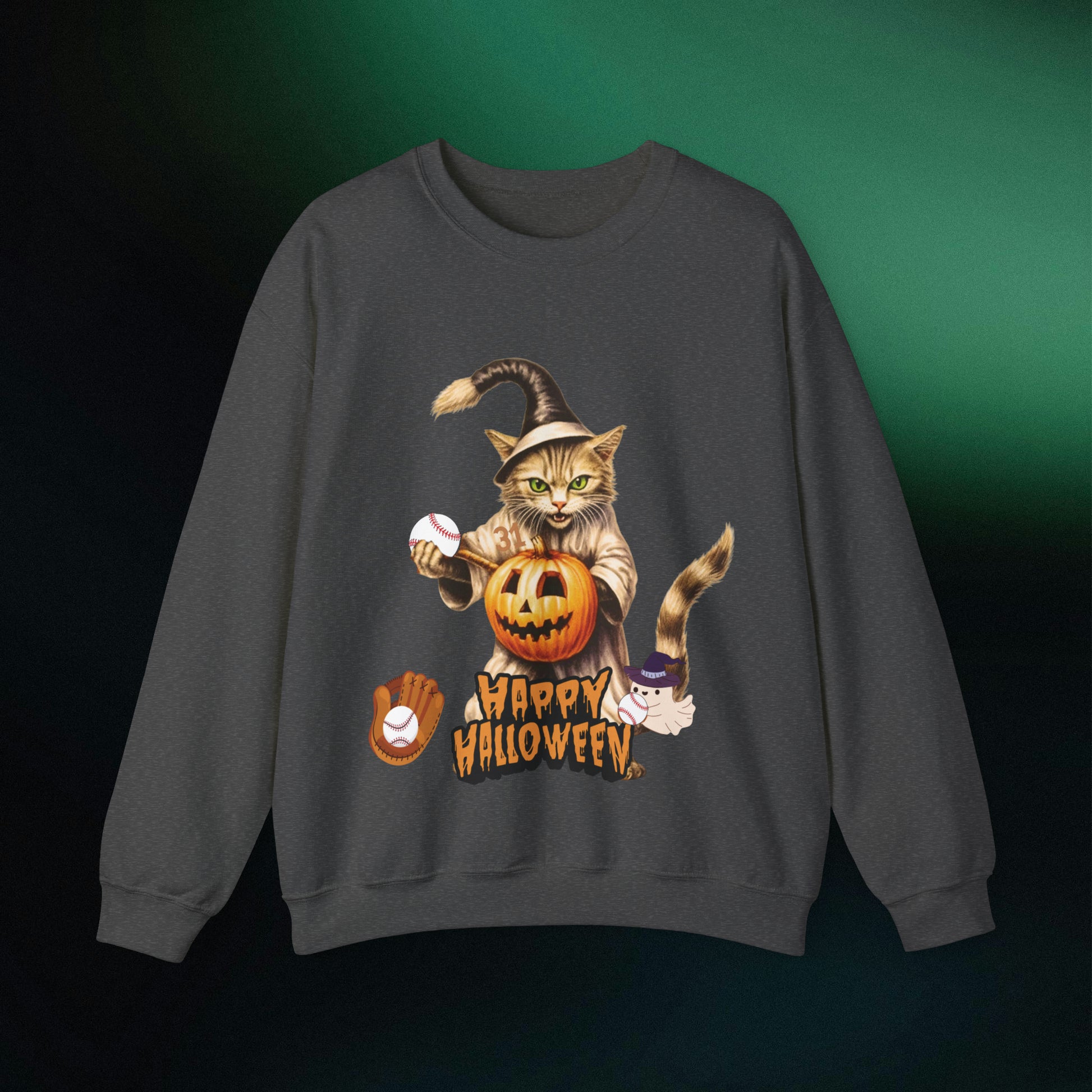 Halloween Cat Baseball Sweatshirt | Happy Halloween - Spooky Sports | Halloween Fun Sweatshirt Sweatshirt S Dark Heather 