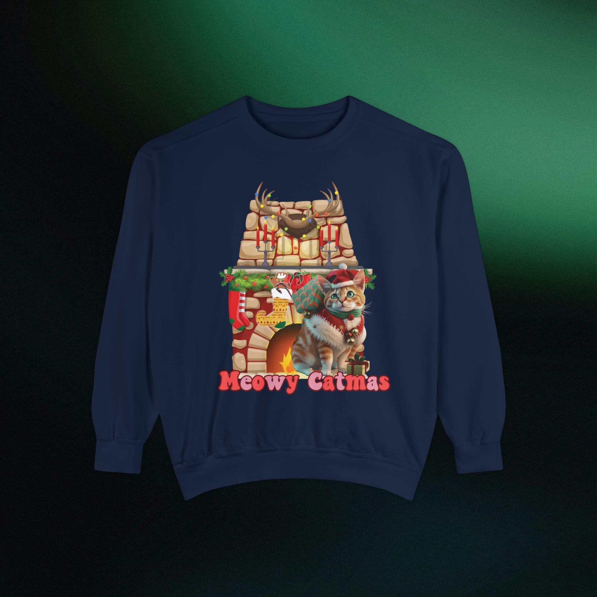 Funny Christmas Cat Sweatshirt | Meowy Christmas Cat Sweater | Christmas Gifts for Cat Lovers - Christmas Lights Shirt, Christmas Cats Shirt Sweatshirt True Navy S 