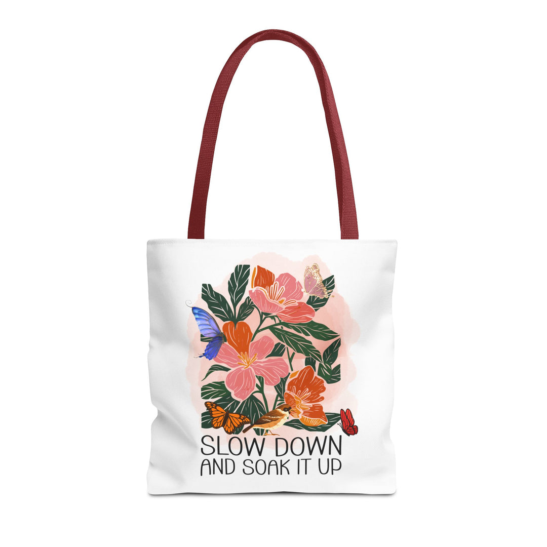 Floral Tote Bag - Slow Down and Soak It Up Bags Printify 16" × 16'' Red