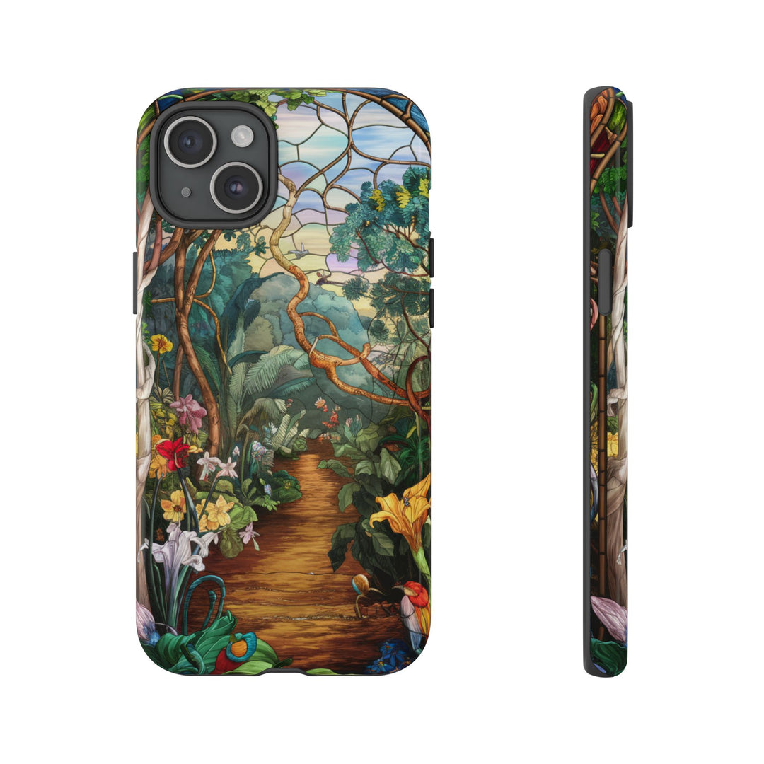 Phone Case - Stained Glass Garden Scene Phone Case Printify iPhone 15 Plus Glossy