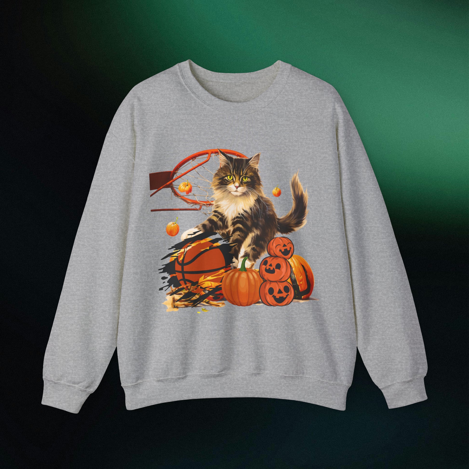 Halloween Cat Basketball Sweatshirt | Playful Feline and Pumpkins - Spooky Sports | Halloween Fun Sweatshirt Sweatshirt S Sport Grey 