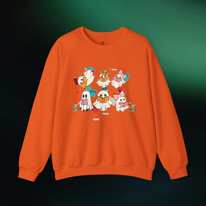 Ghost Reading Books Sweater | Bookish Halloween Sweatshirt - Halloween Teacher Gift, Librarian Halloween Hoodie, Ghost Crewneck Sweatshirt S Orange 