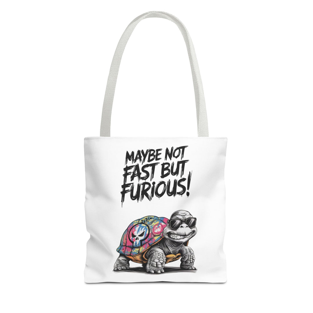 Funny Turtle Tote Bag - Maybe Not Fast But Furious Bags Printify 13" × 13'' White