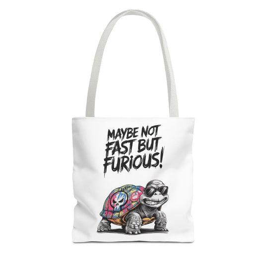 Funny Turtle Tote Bag - Maybe Not Fast But Furious Bags Printify 13" × 13'' White