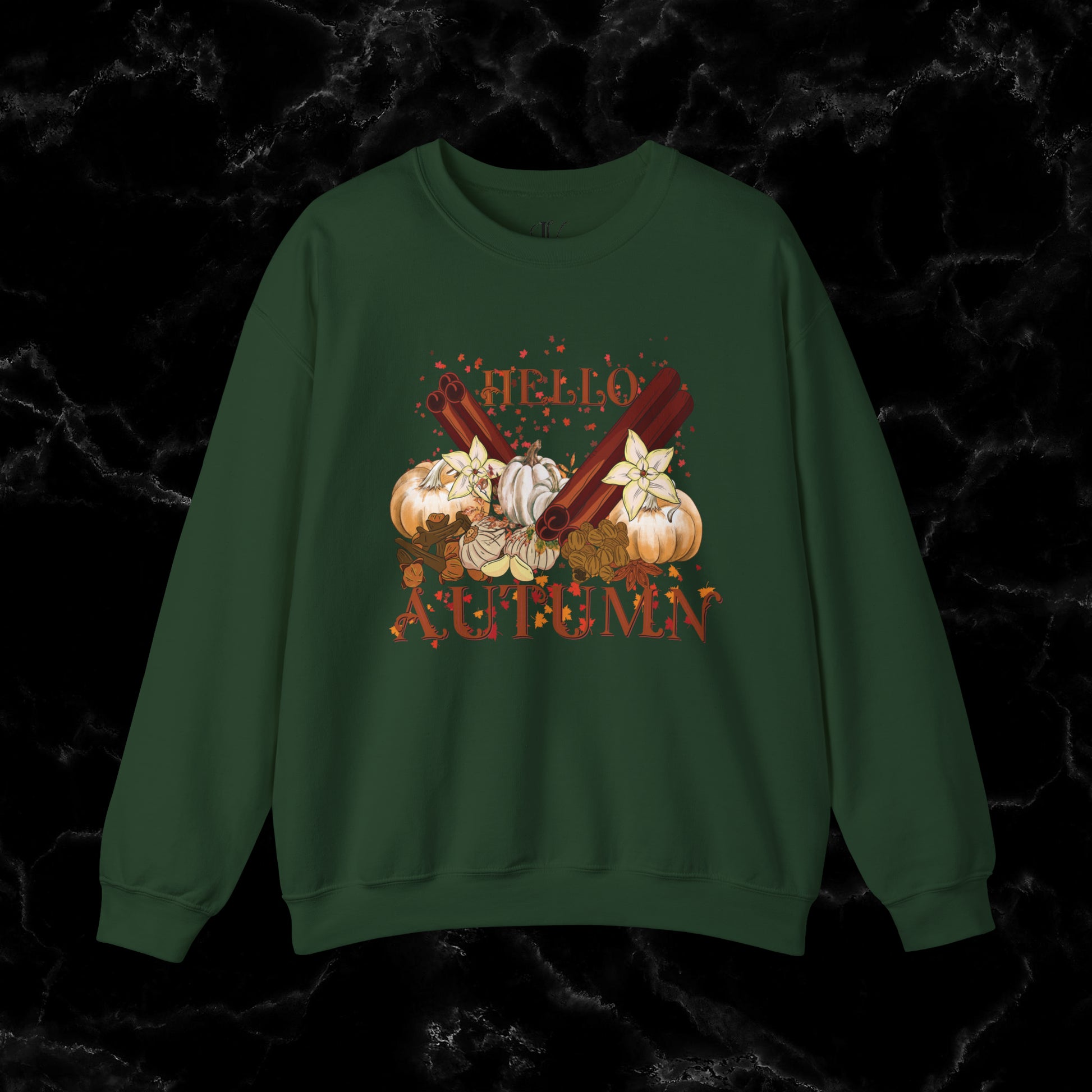 Hello Autumn Jumper | Pumpkin Spices Leaves Sweatshirt - Fall Fashion Sweatshirt S Forest Green 