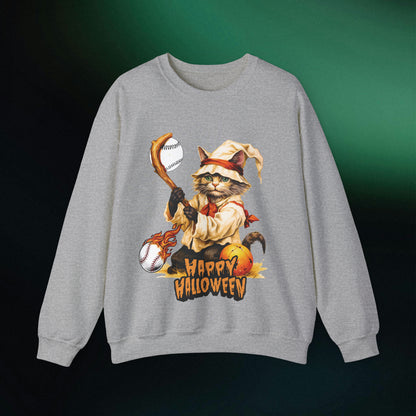 Halloween Cat Baseball Sweatshirt | Playful Feline and Pumpkins - Spooky Sports | Halloween Fun Sweatshirt Sweatshirt S Sport Grey 