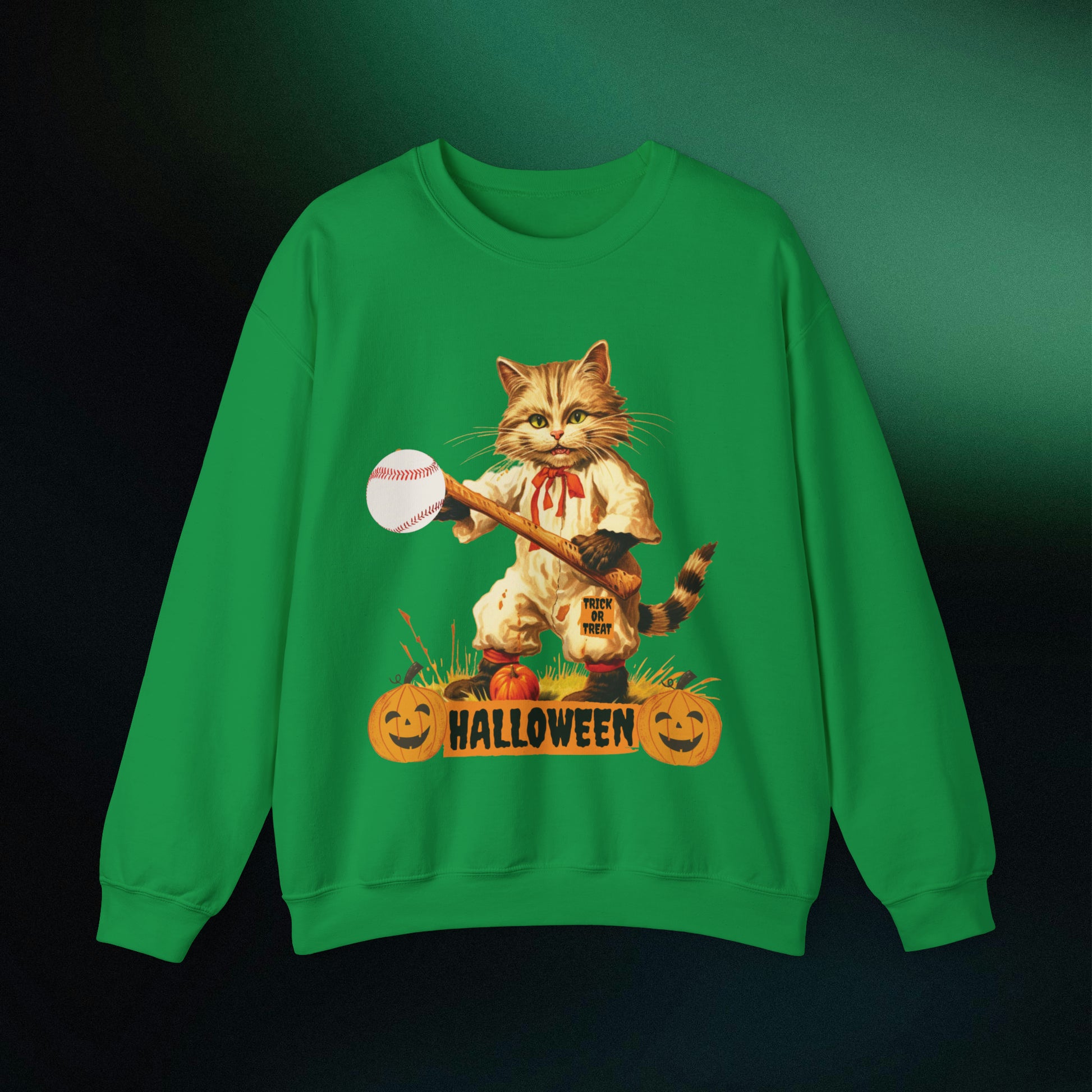 Halloween Cat Baseball Sweatshirt | Happy Halloween - Spooky Sports | Halloween Fun Sweatshirt Sweatshirt S Irish Green 