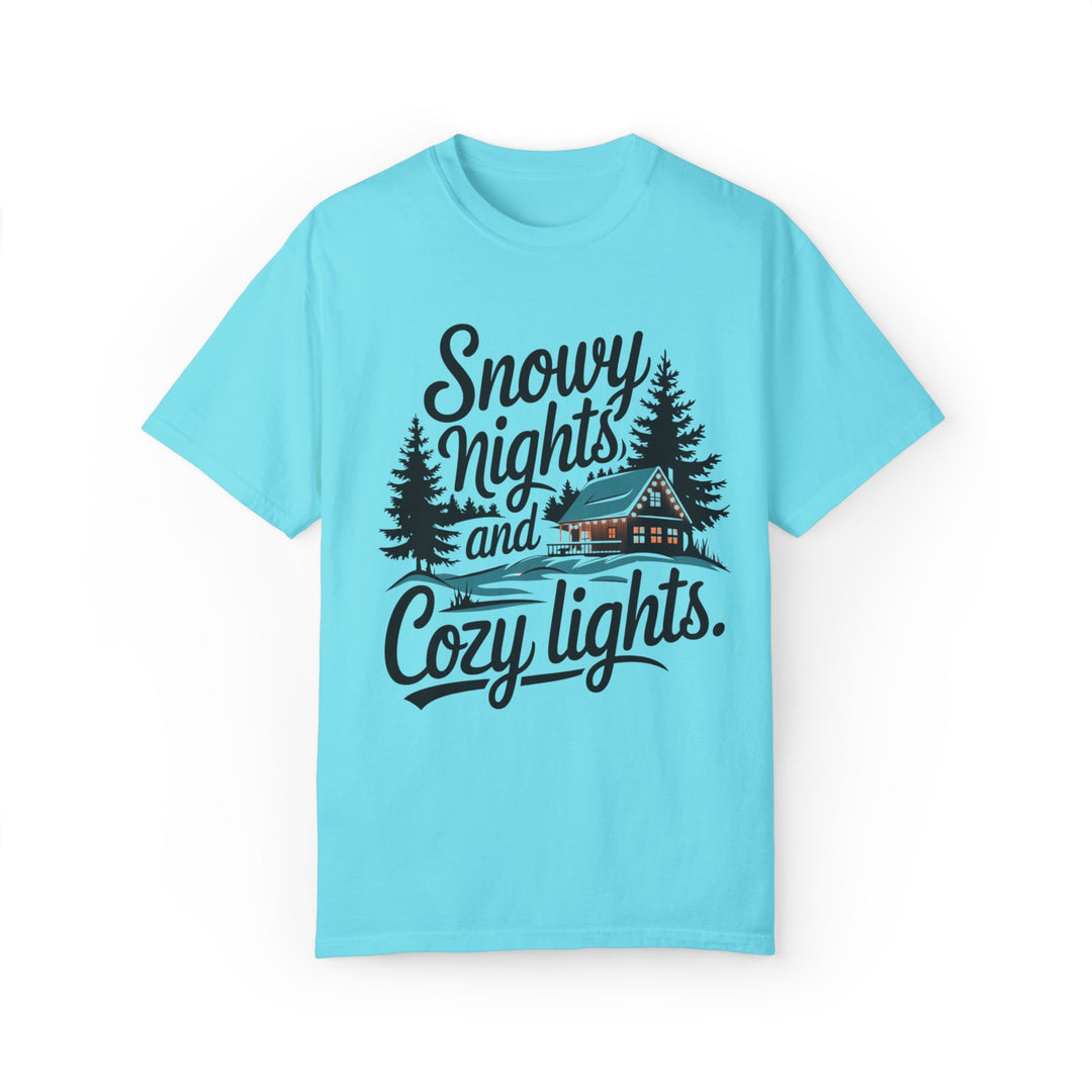 Snowy Nights and Cozy Lights Unisex T-shirt T-Shirt Printify Lagoon Blue S