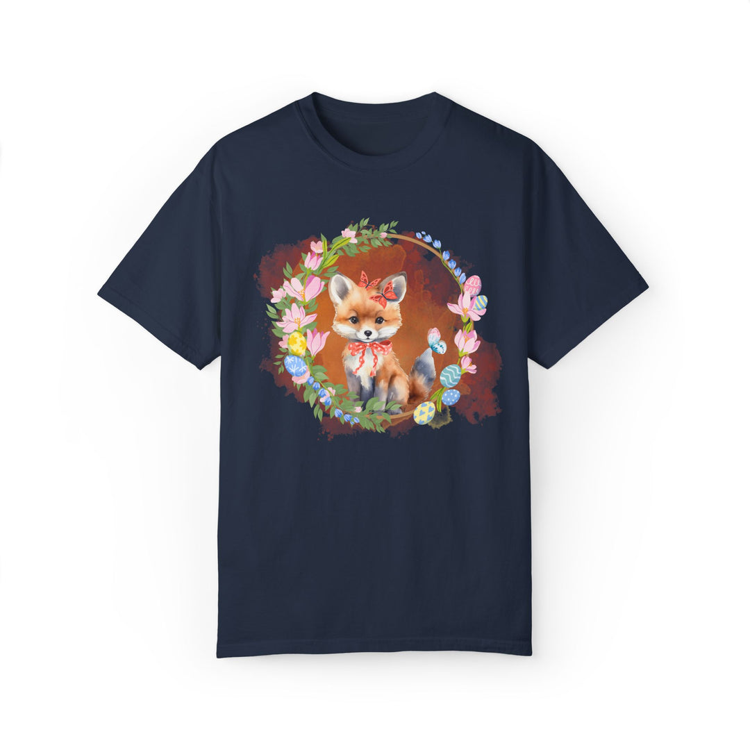 Fox Illustration Springtime Unisex Garment-Dyed T-shirt T-Shirt Printify Navy S